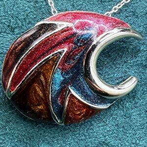 Silver and Red, Amber, Green Swirl Pendant Necklace on Stamped 925 chain UNIQUE